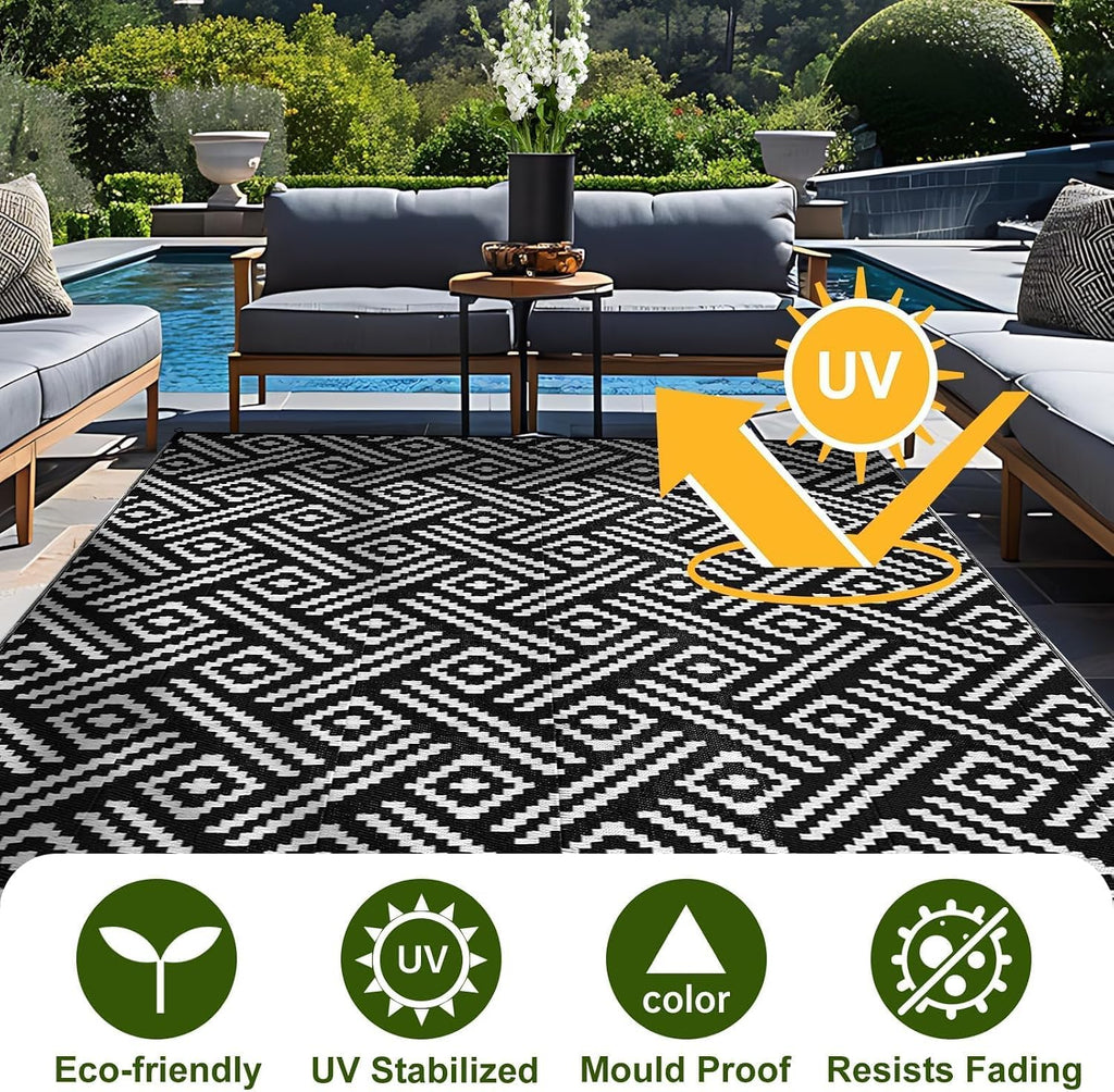 Outdoor Rug, Plastic Straw Rug, White & Black