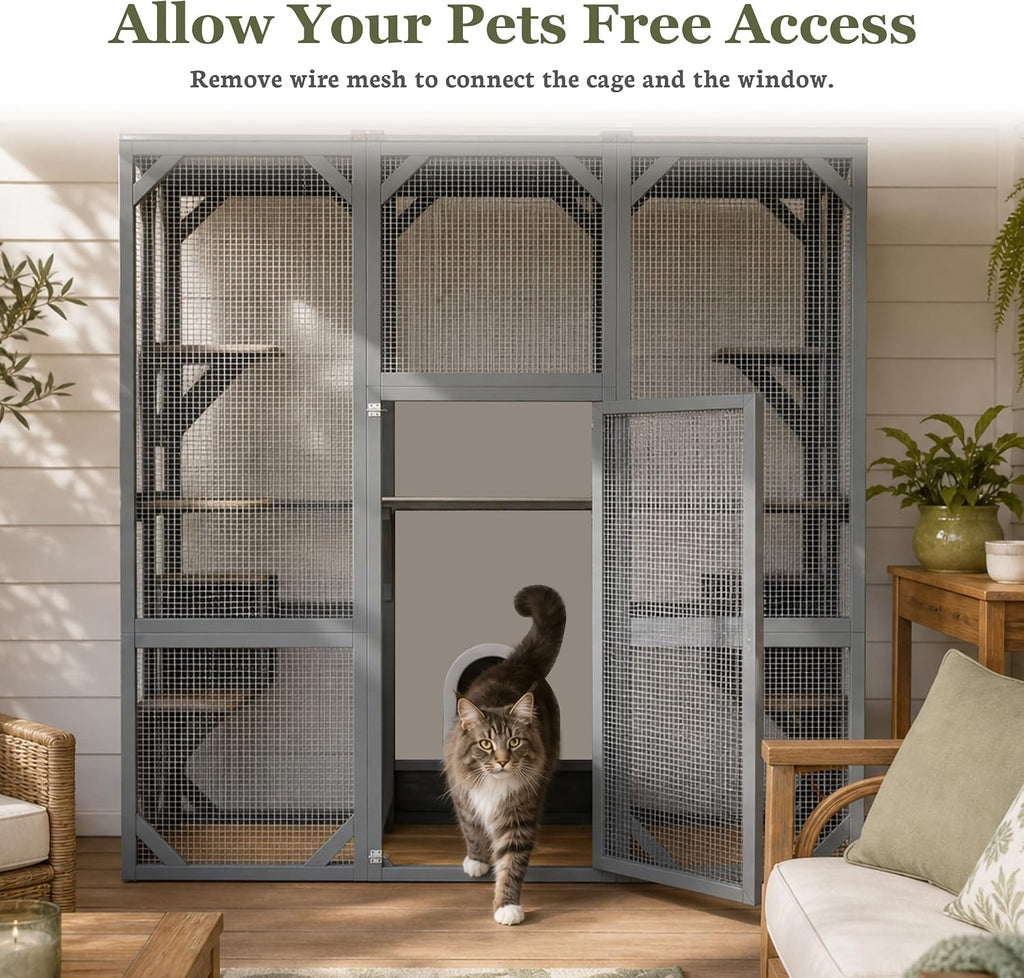 71" H Catio Outdoor Cat Enclosure Large Walk in Wooden Outdoor Catio Grey