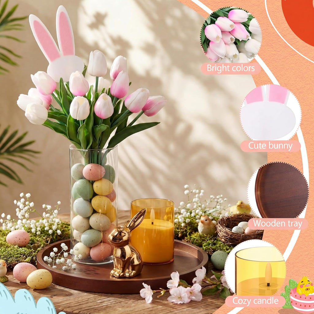 Spring Easter Centerpiece Table Decorations Pastel Eggs Artificial Tulips Bunny Statue Wooden Round Tray LED Candle - Set of 50