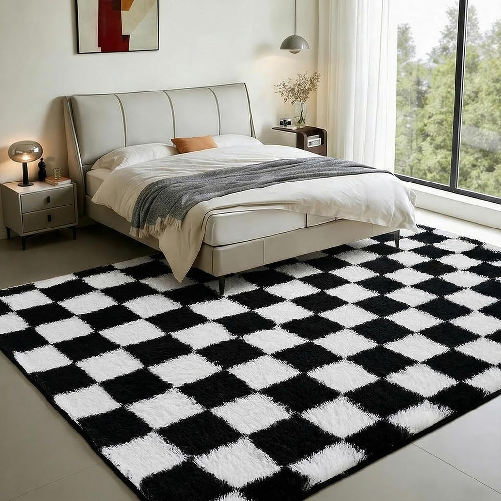 Checkered Shag Area Rug 5'x8', Black and White Plush Rug, Non-Slip Soft Carpet Nursery, Modern Floor Decor with Grid