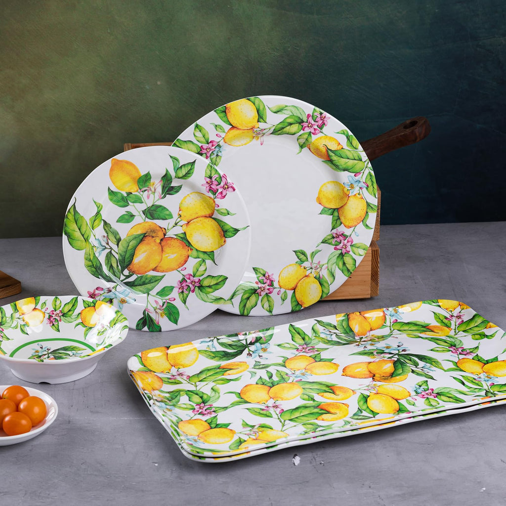 Lemon Melamine Dinnerware Dish Sets, 12 Piece Plates and Bowls Sets