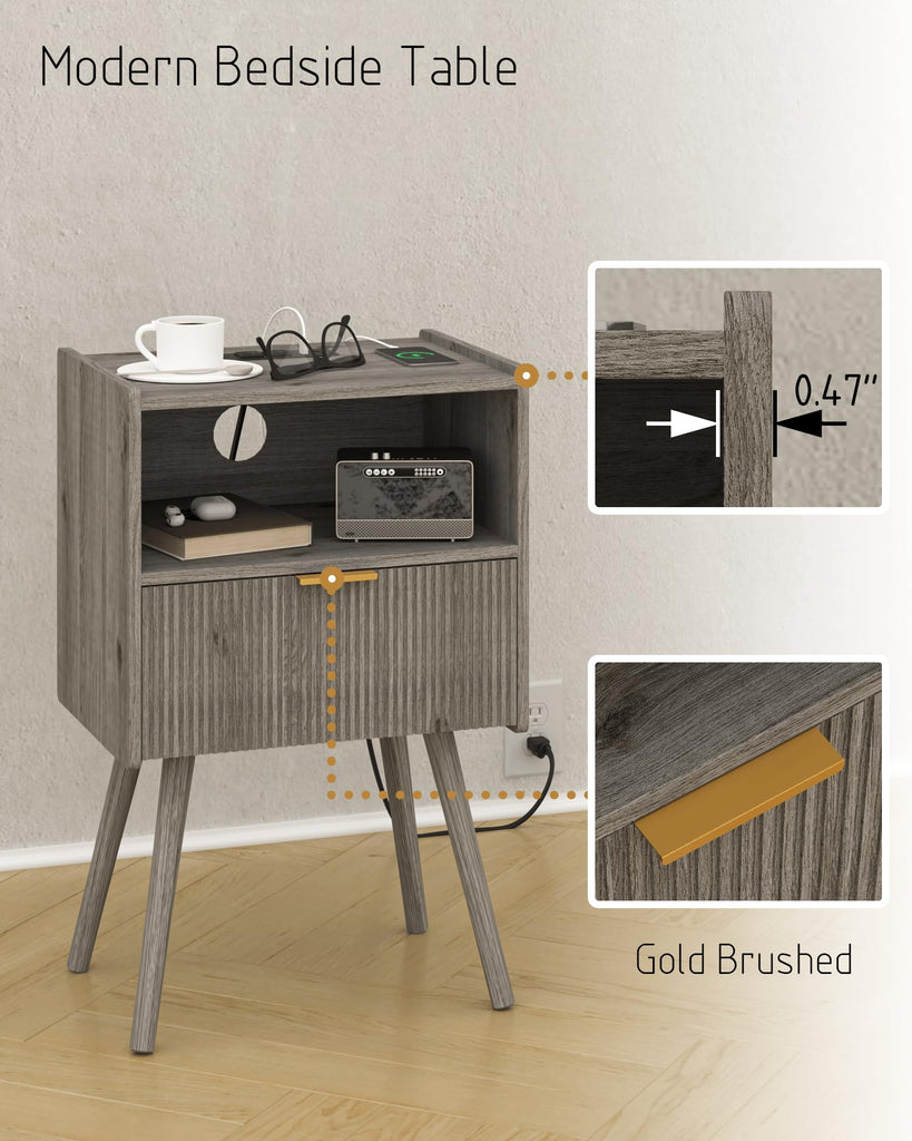 Nightstand with Outlet, Modern Bedside Table with Storage Drawer and Open Wood Shelf, and Small Spaces, Accent Night