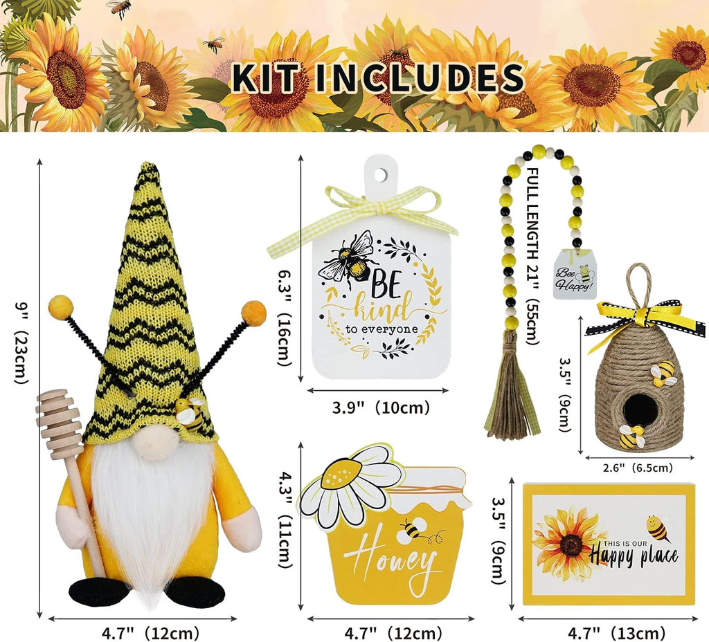 Bee Tiered Tray Decor Set, Summer Farmhouse Decor with Gnome, Bee Hive, Sunflower Wood Signs & Garland, Rustic - Set of 6