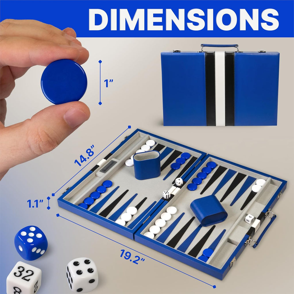 Large Blue Backgammon Sets for Adults - Classic Board Games for 2 Players Adults and Kids - Premium Backgammon Set 15