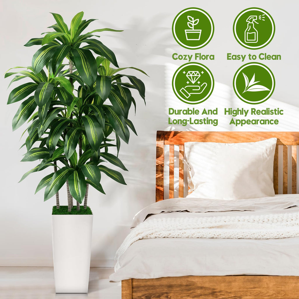 Dracaena Tree Indoor, 5FT Tall Fake Tree with White Tall Planter