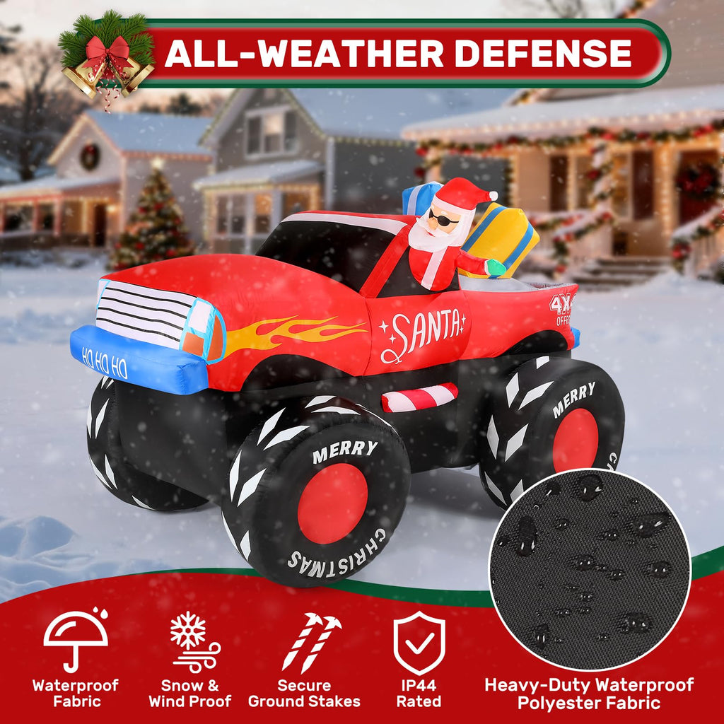 7 FT Long Santa in Monster Truck Christmas Inflatables Outdoor Decorations, Christmas Blow Up Santa Claus Yard