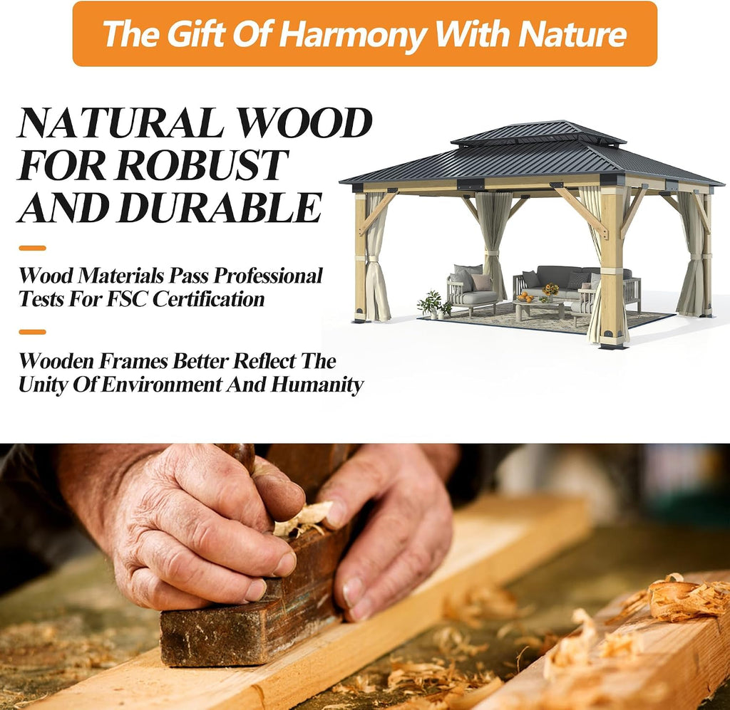 11'x13' Outdoor Wooden Gazebo, Patio Galvanized Steel Wood Gazebo with Privacy Curtains and Netting