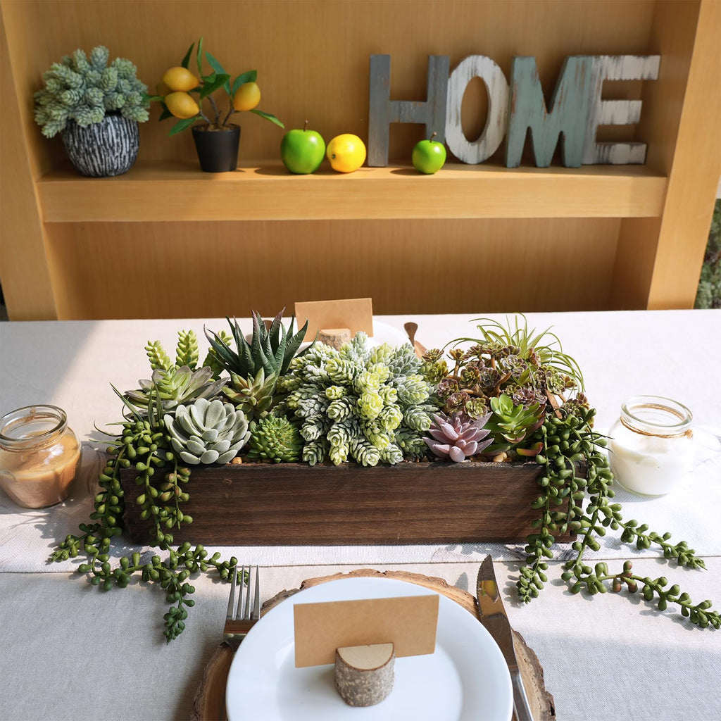 Artificial Succulent Arrangement 15" Assorted Succulents Plants in Brown Rectangular Wooden Box Faux Potted