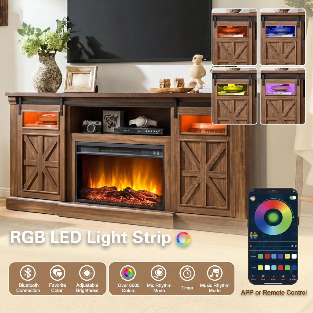 For up to 80 Inch TVs, 32'' Tall LED Entertainment Center with Electric Fireplace, Farmhouse TV Console Table