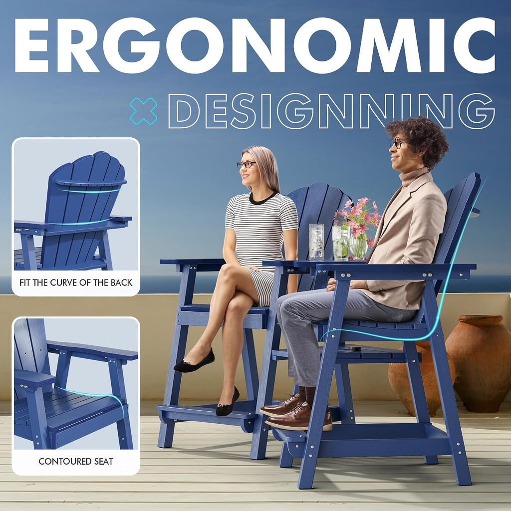 Tall Adirondack Chairs Set of 2 with Double Connecting Tray | Weather-Resistant HDPE, Wood-Grain Texture, Footrests