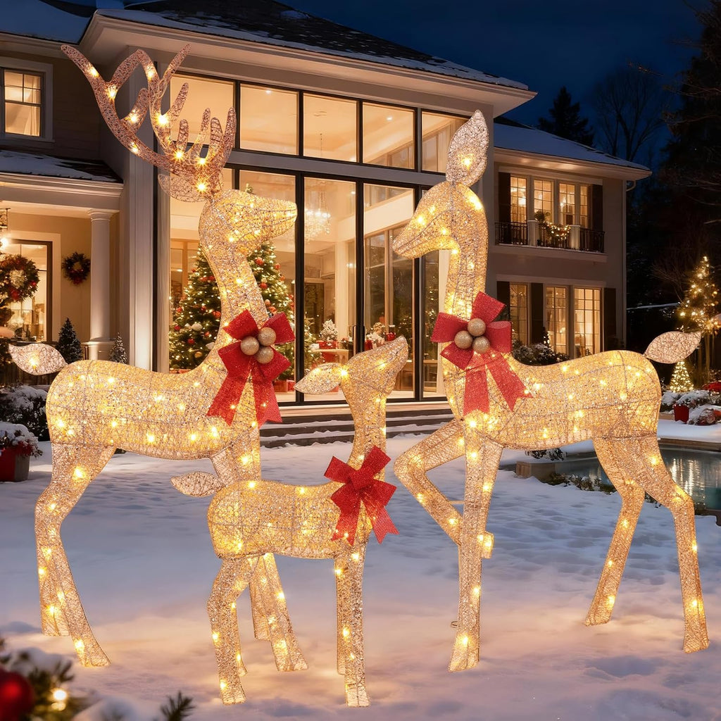 3-Piece Lighted Christmas Deer Family - 4.5ft 3D Pre-Lit Reindeer Outdoor Decorations with 210 LED Lights
