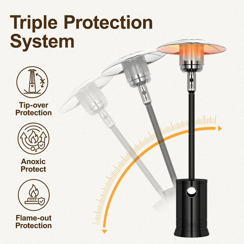 BTU Portable Propane Patio Heater with Wheels, Black | Triple Safety Protection, Round Table Design, Double-Layer