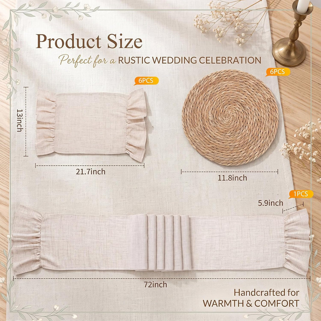 Boho Round Woven Placemats Ruffle Table Runner 13x72 - Set of 13