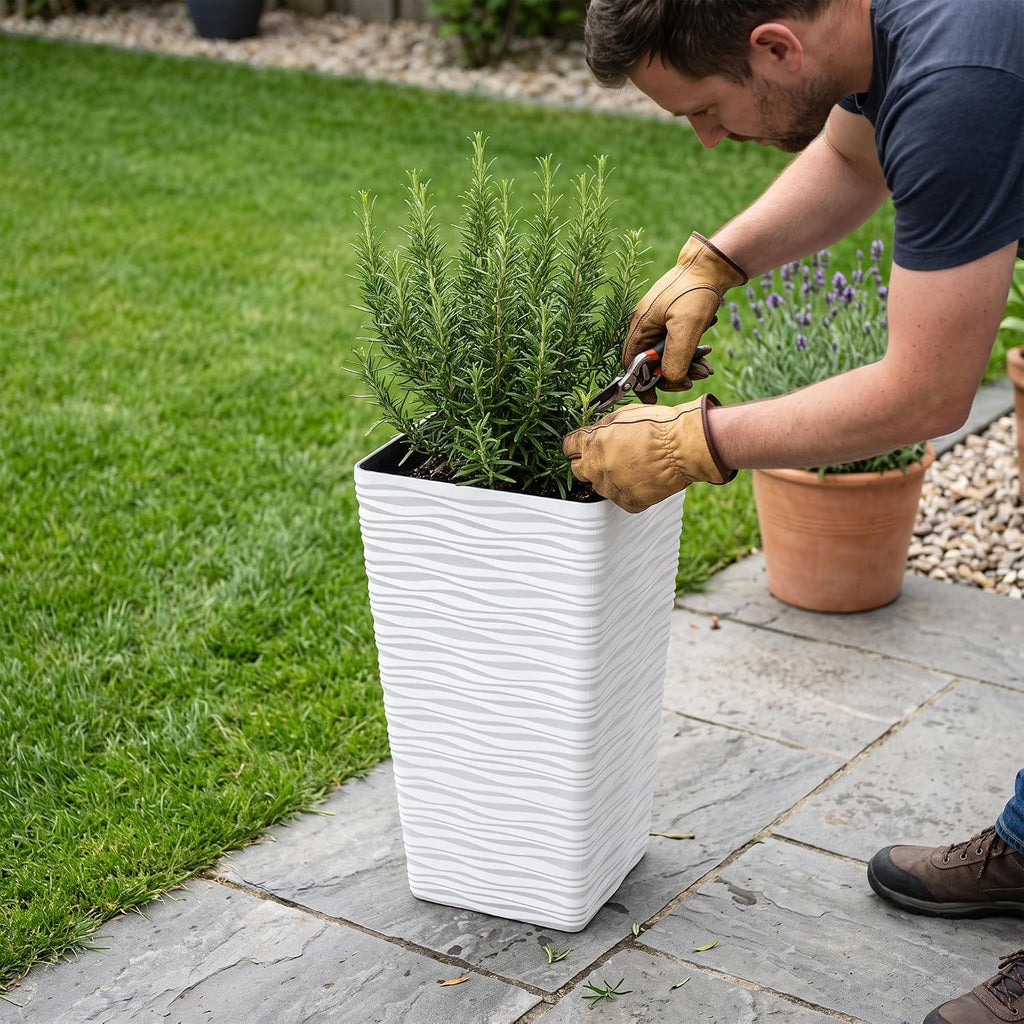 22" Tall Planters Set of 2 - White Square Plant Pots with Drainage Hole - Modern Large Tapered Matte Wavy Tree Flower