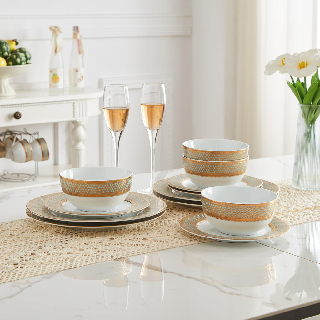 Porcelain Dinnerware Set with Real Gold Trim (Geometric Pattern,Service for 4)