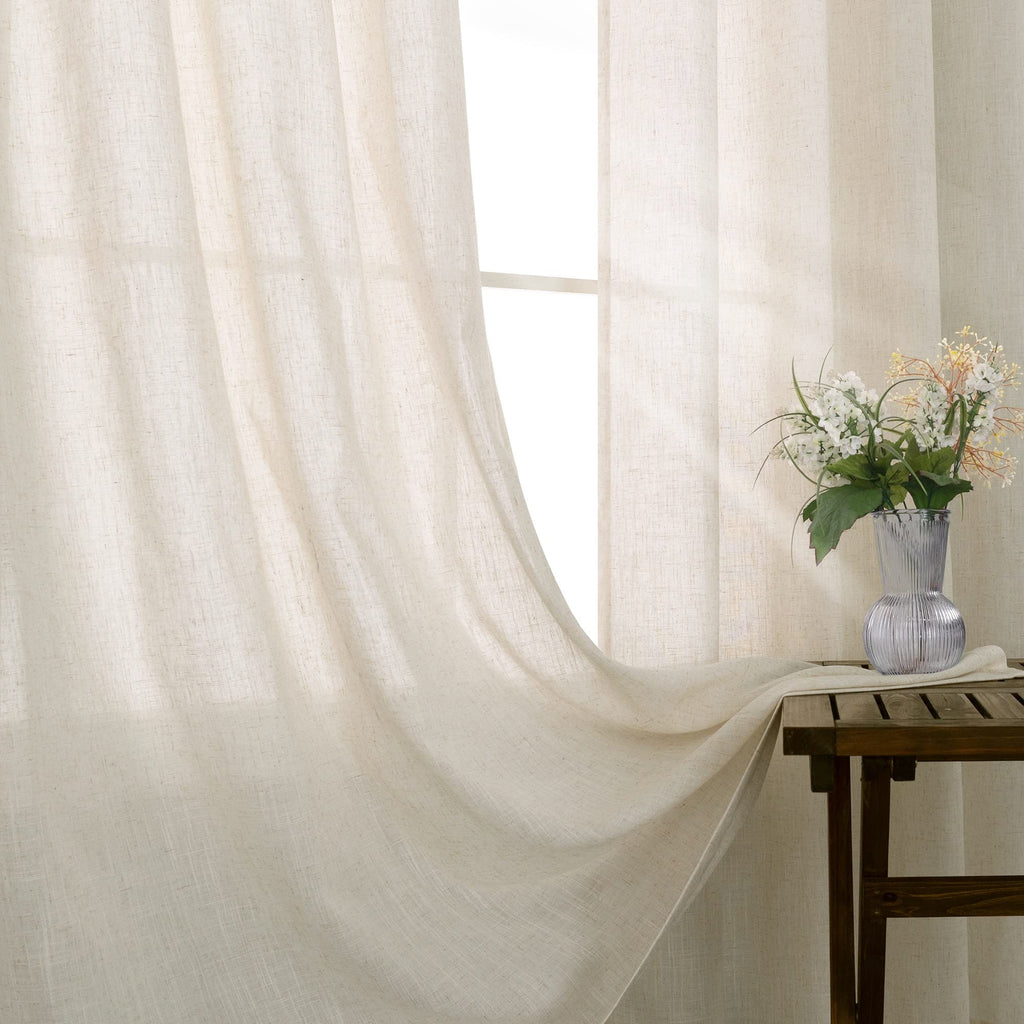 100 Inch Curtains 2 Panels, Boho Light Filtering Semi Sheer Linen Drapes, Oatmeal, 52" W X 100" L