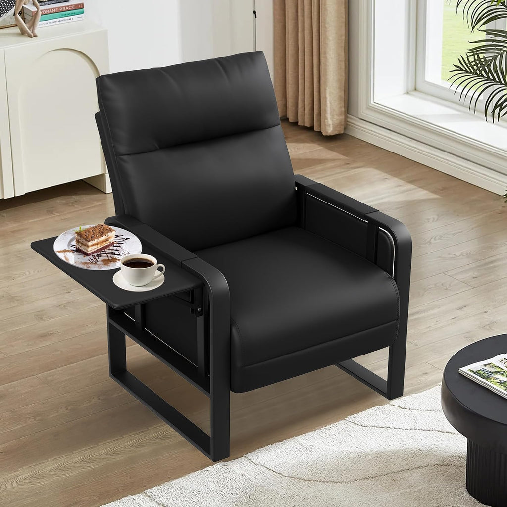 Black PU Leather Accent Chair Upholstered Armchair with Side Table