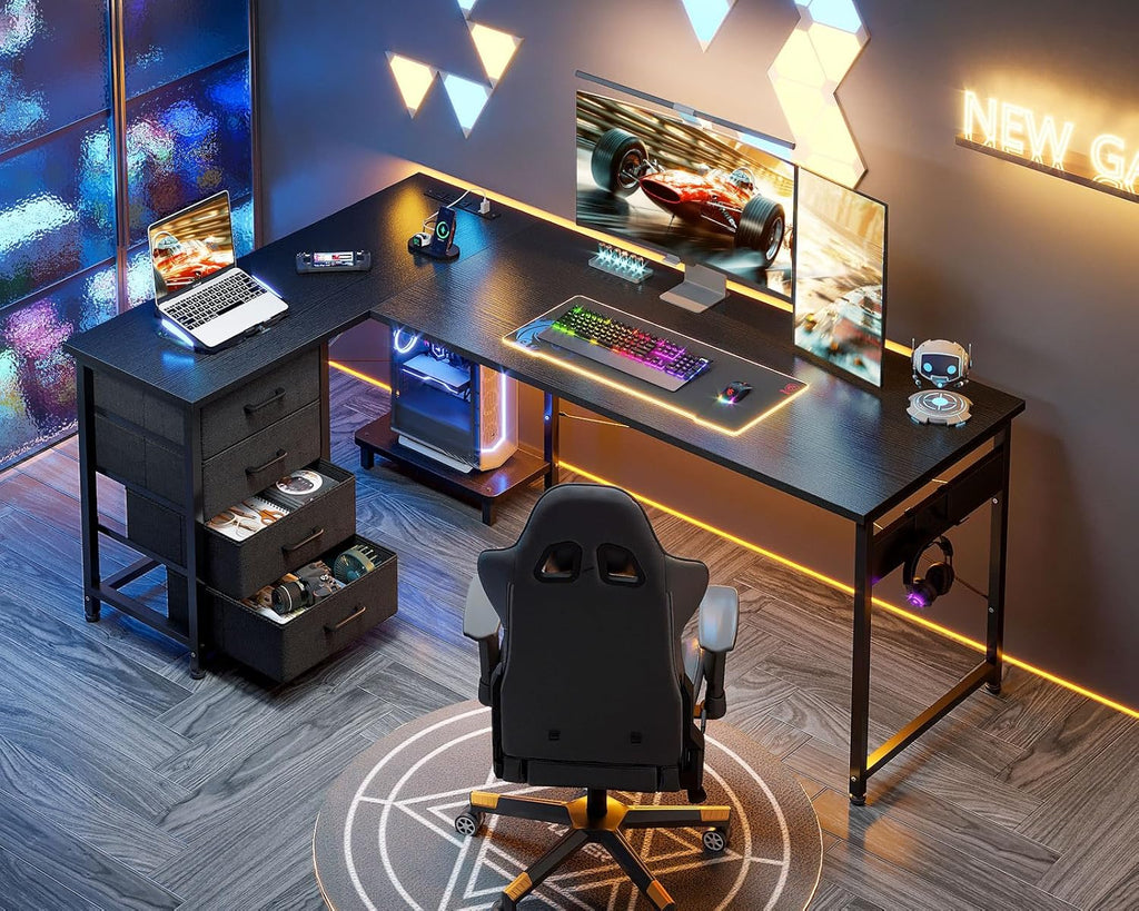 61" L Shaped Gaming Desk with 4 Drawers and Power Outlets, Black | USB Ports, PC Tower Stand, Hooks, Reversible