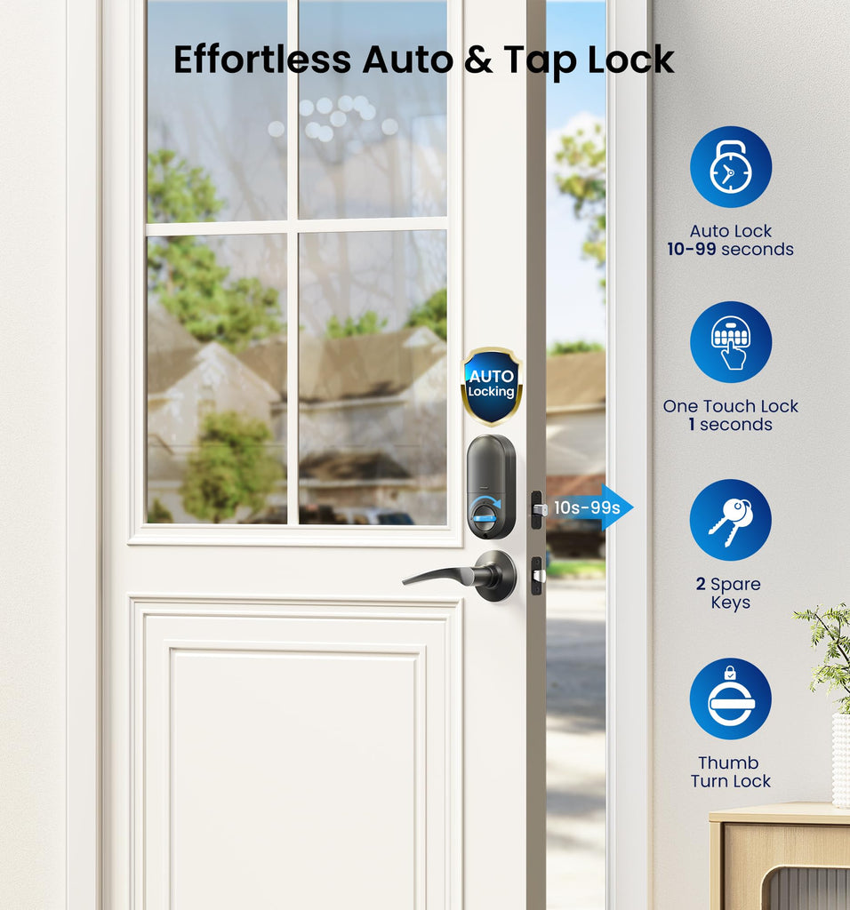 RZ-C Keyless Entry Door Lock with 2 Lever Handles, Matte Black