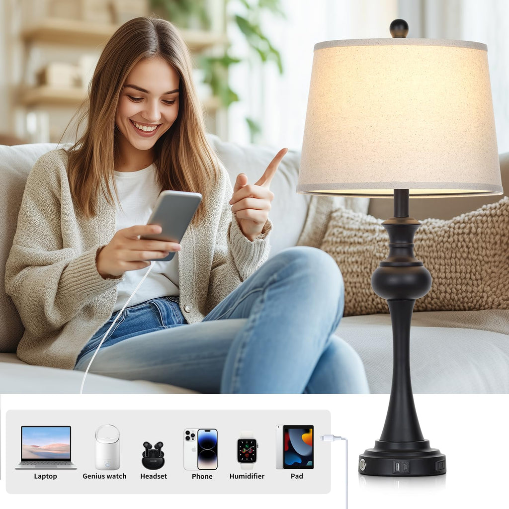 28.75 " 3-Way Touch Control Modern Table Lamp Set of 2, Bedside Lamp with USB A+C Ports, Mid Century Black Table