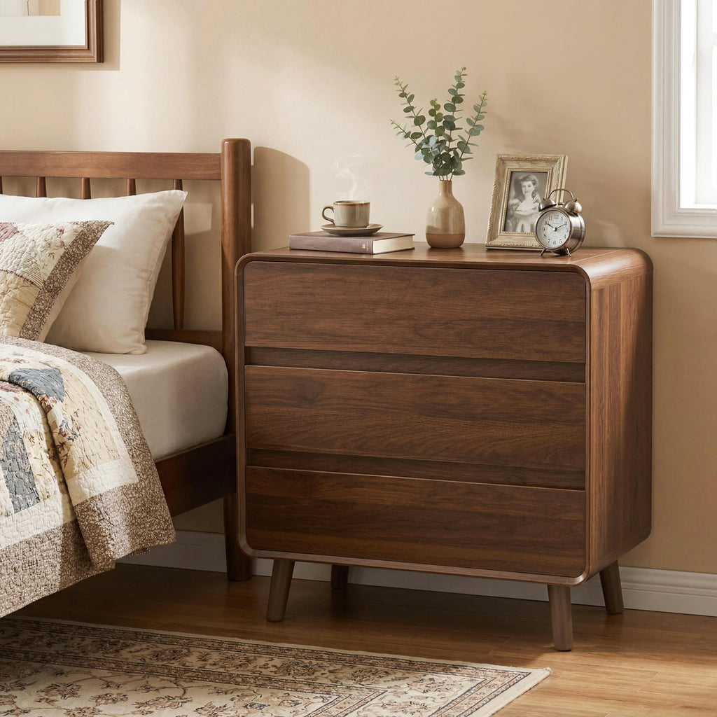 3 Drawer Dresser, Mid Century Modern Chest of Drawers, Curved Dresser with Storage Drawer, Wooden Bedroom Furniture