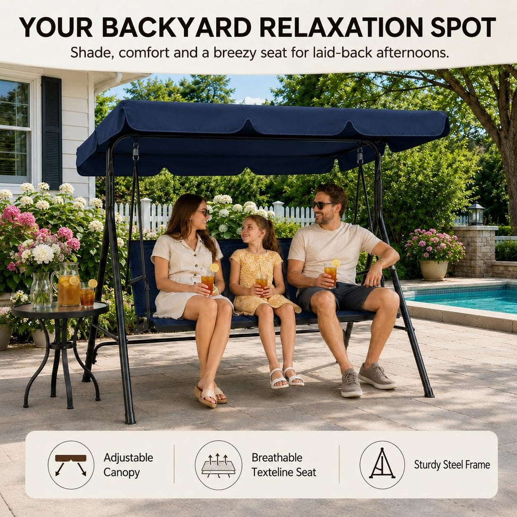 3-Seat Patio Swing Chair w/Texteline Fabric Ez Setup, Blue
