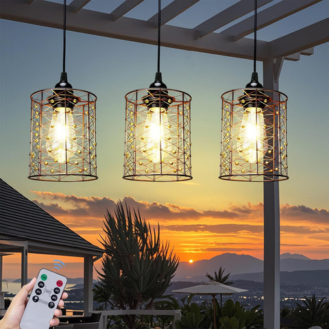 Battery Operated Hanging Outdoor Chandelier, Battery Pendant Light, Gazebo Lights Outdoor Waterproof, 4 AA Batteries, for Gazebo, Pergola, Porch, Patio, Indoor/Outdoor Decor Lighting (3)