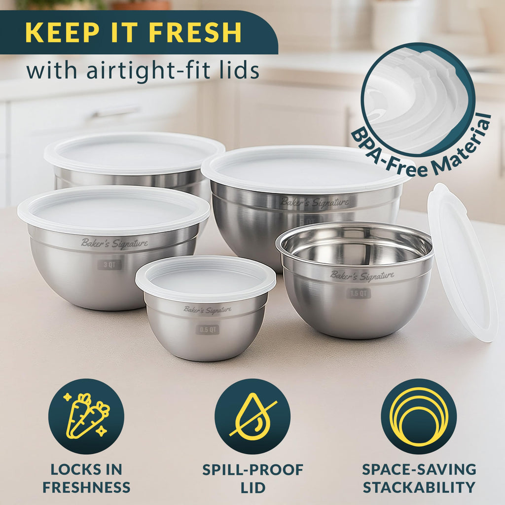 Stainless Steel Mixing Bowls with Lids Set of 5, Nesting Metal, 0.5-5 Qt