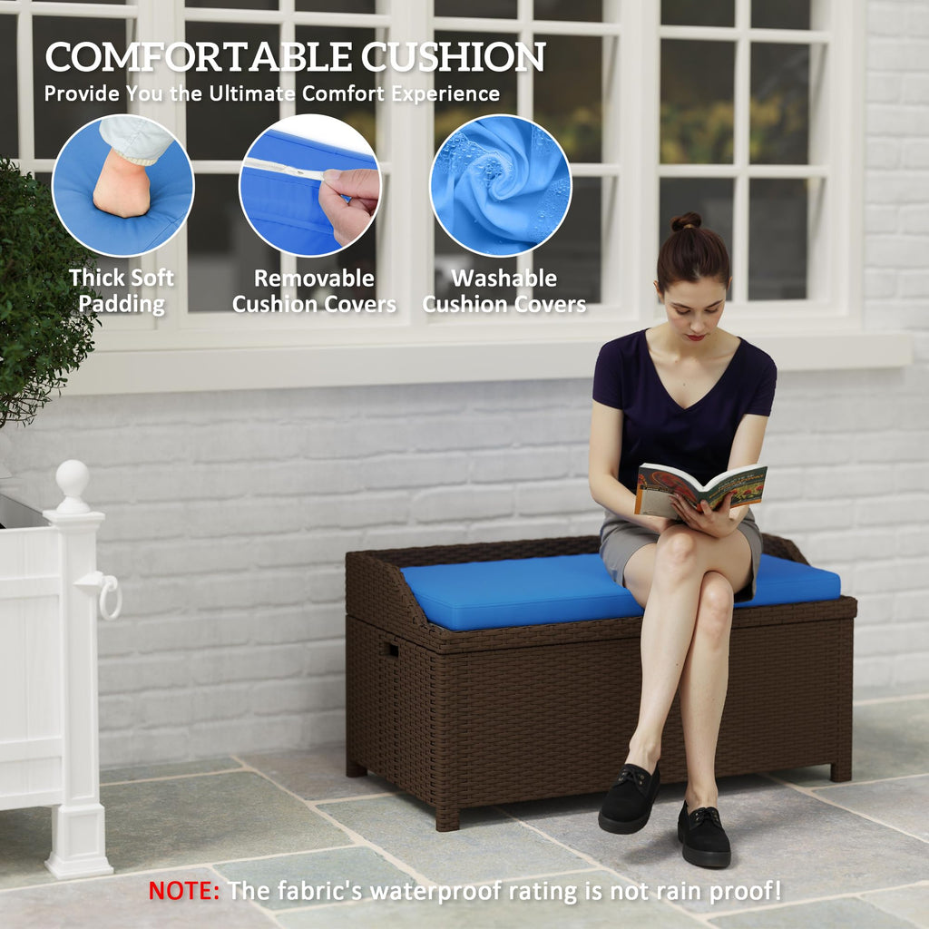 34 Gallon Outdoor Wicker Storage Bench Deck Box Blue