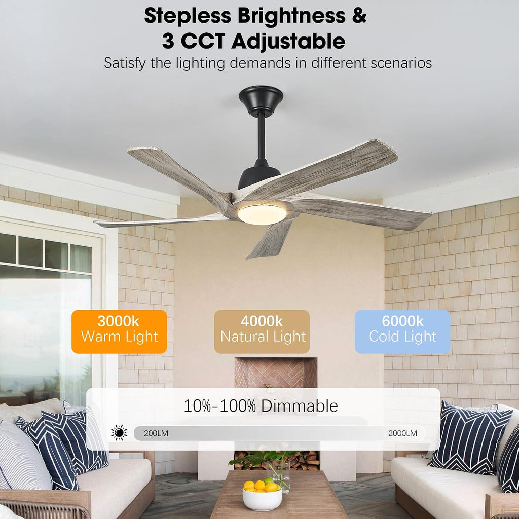 Inspired Maverick Style 52 Inch Solid Wood Ceiling Fan with Light, Remote and APP Control, 3-color Dimmable, DC