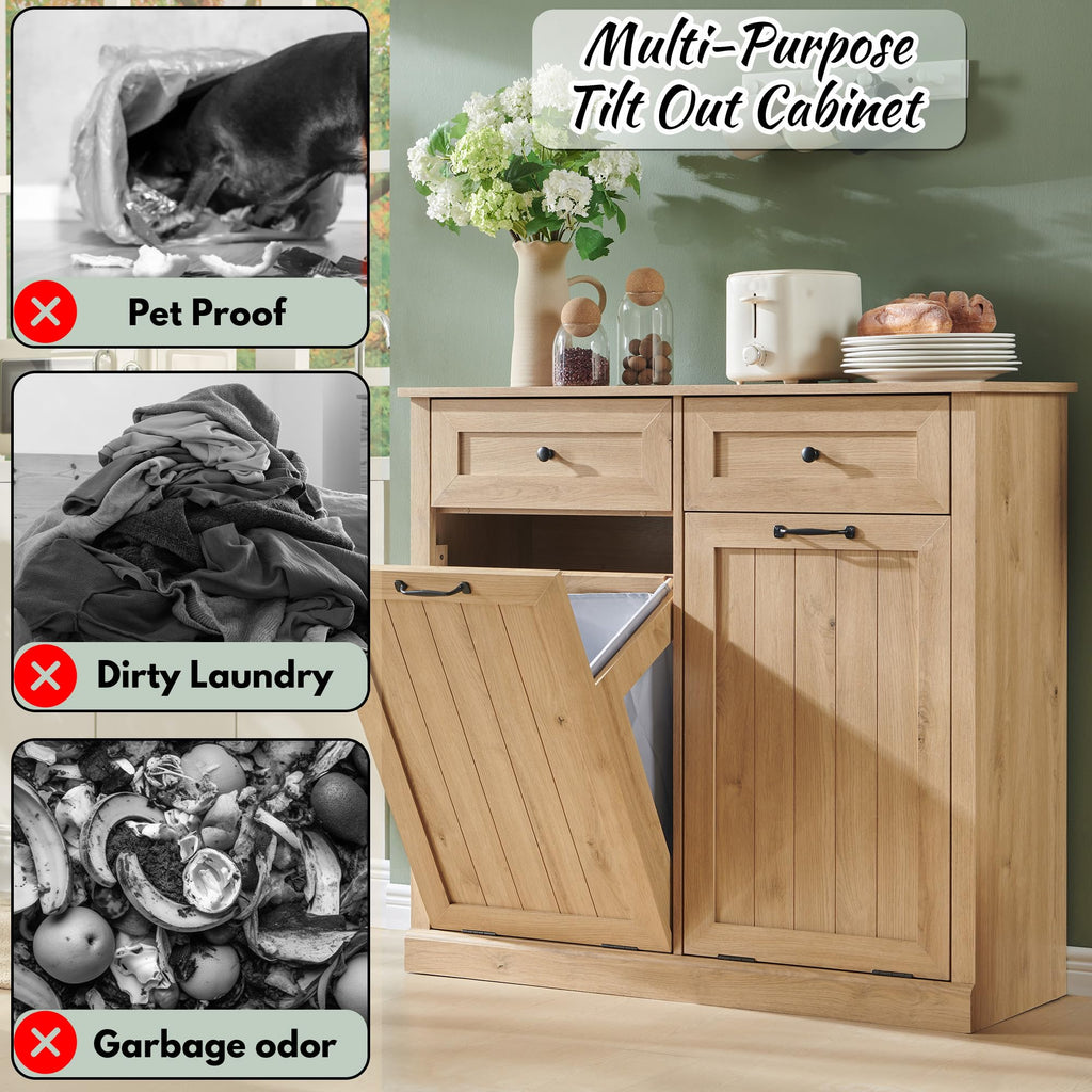 Double Tilt Out Laundry Hamper Cabinet, Trash Cabinet, Natural