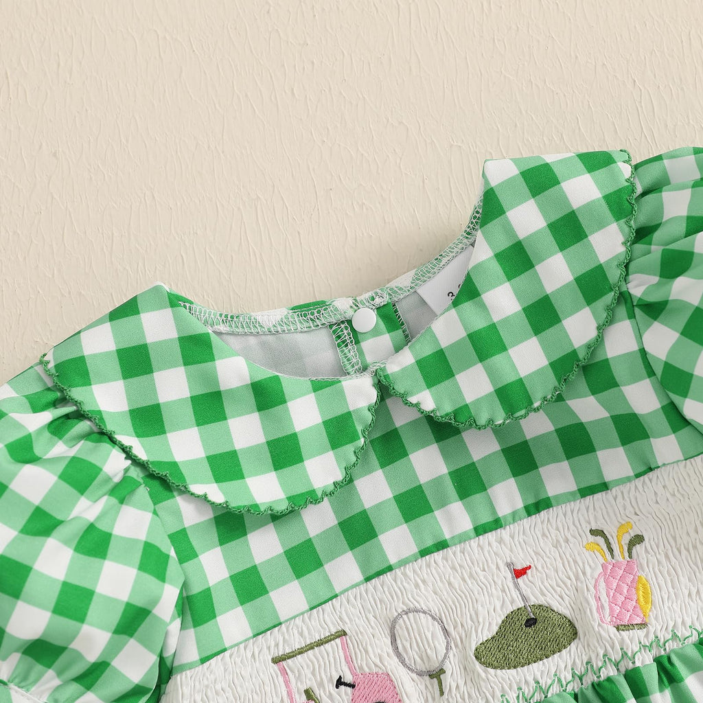 Girl Golf Outfit Plaid Print Short Sleeve Lapel Golf Romper Smocked Bodysuit Cute Newborn Girl Coming Home