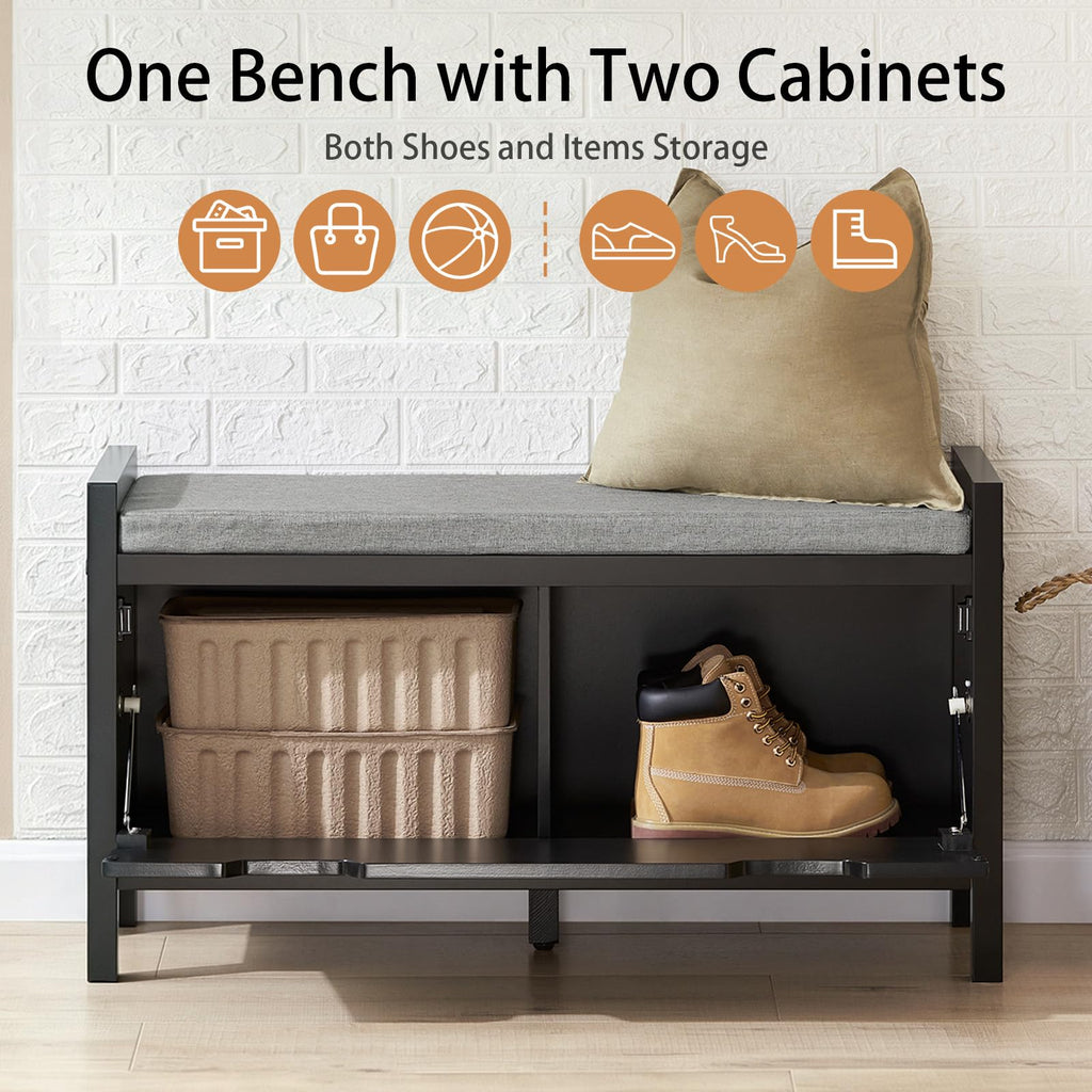 Shoe Storage Bench with Flip-Down Door and Padded Cushion, Shoe Bench, Black