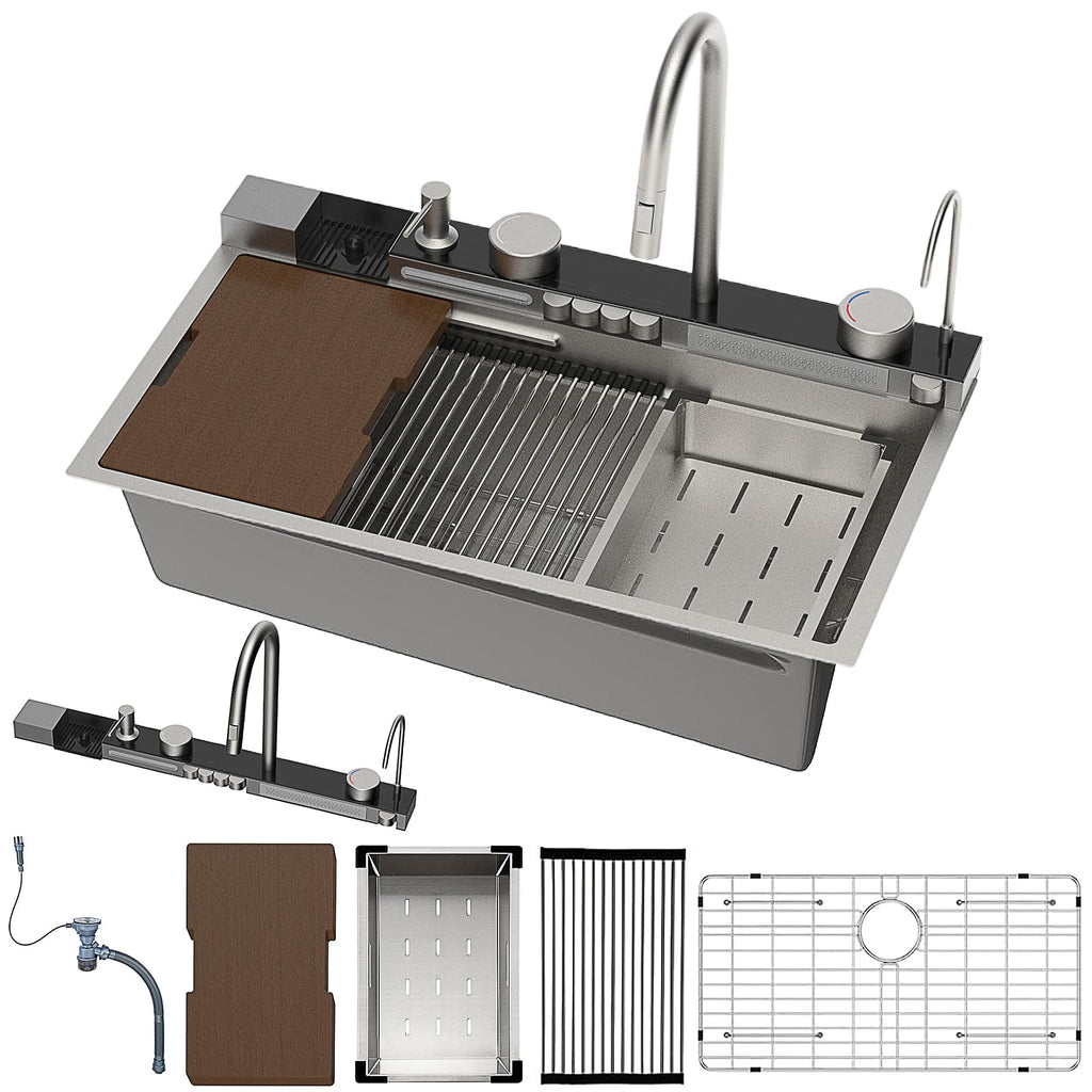 Drop Sink Smart Waterfall Workstation Kitchen Sink 31.5 x 17.7 Inch 16 Guage Stainless Steel Single Bowl
