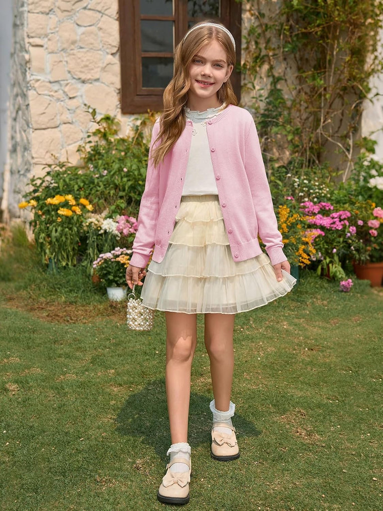 Girls Button Down Cardigan Kids Long Sleeve Crewneck Uniform Knit Sweater