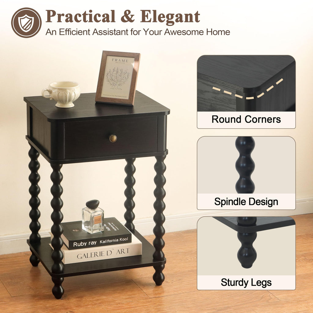 Black Nightstand, Bedroom Side Table with Drawer, Small Bedside End Table with Spindle Wood Legs, Black
