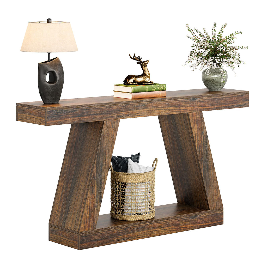 Farmhouse Console Table, 55-Inch Rustic Sofa Table with Storage, Industrial Wooden Entryway Table, Dark Brown