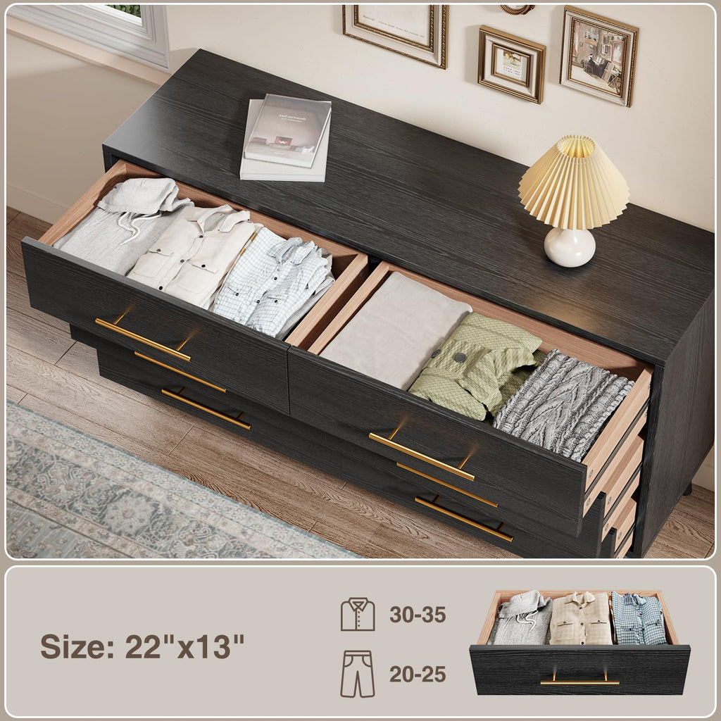 6 Drawer Dresser, Wood Chest with Metal Handles, Black