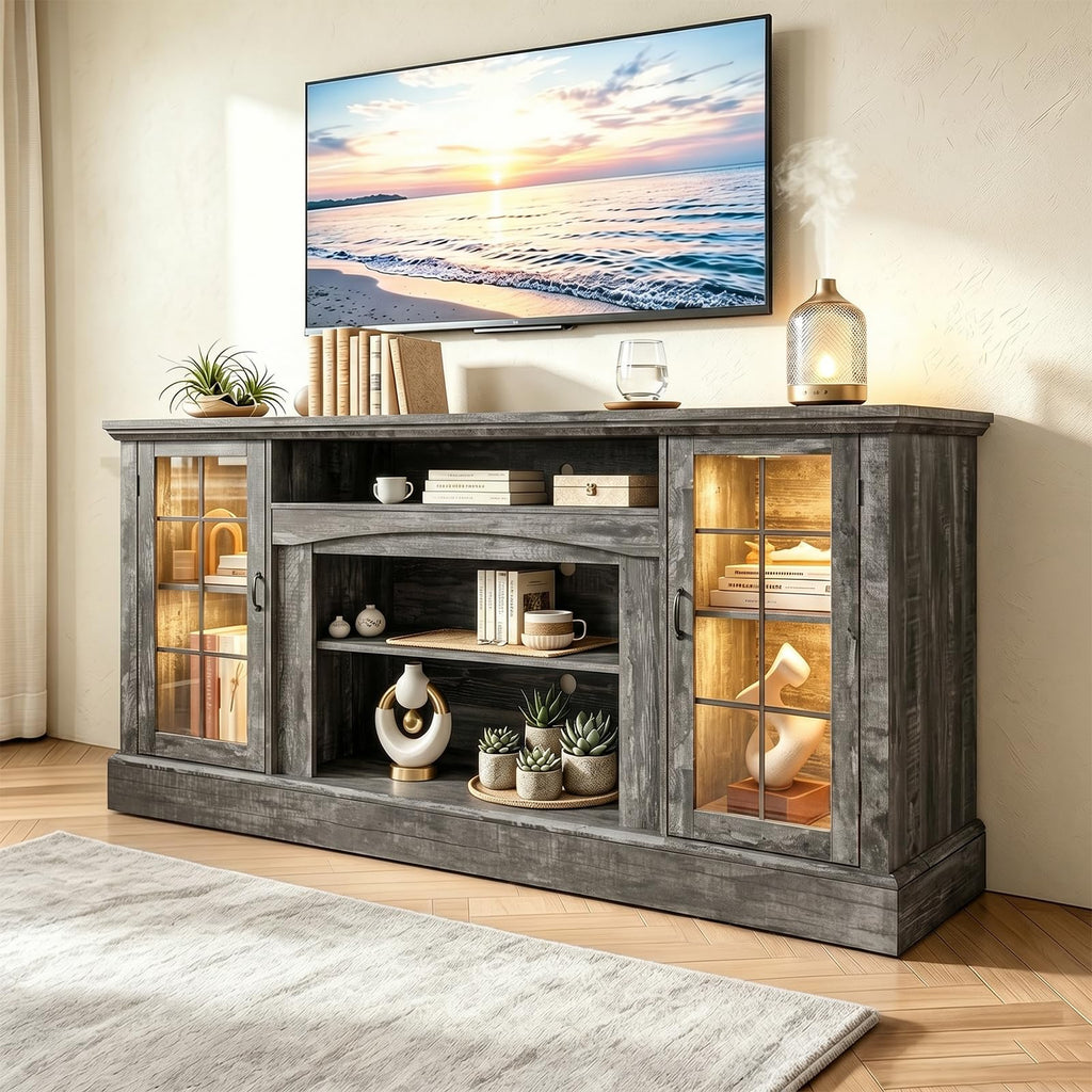 70" Farmhouse TV Stand for 80 Inch TV, Entertainment Center with Storage Cabinets, Media Console Table, Grey