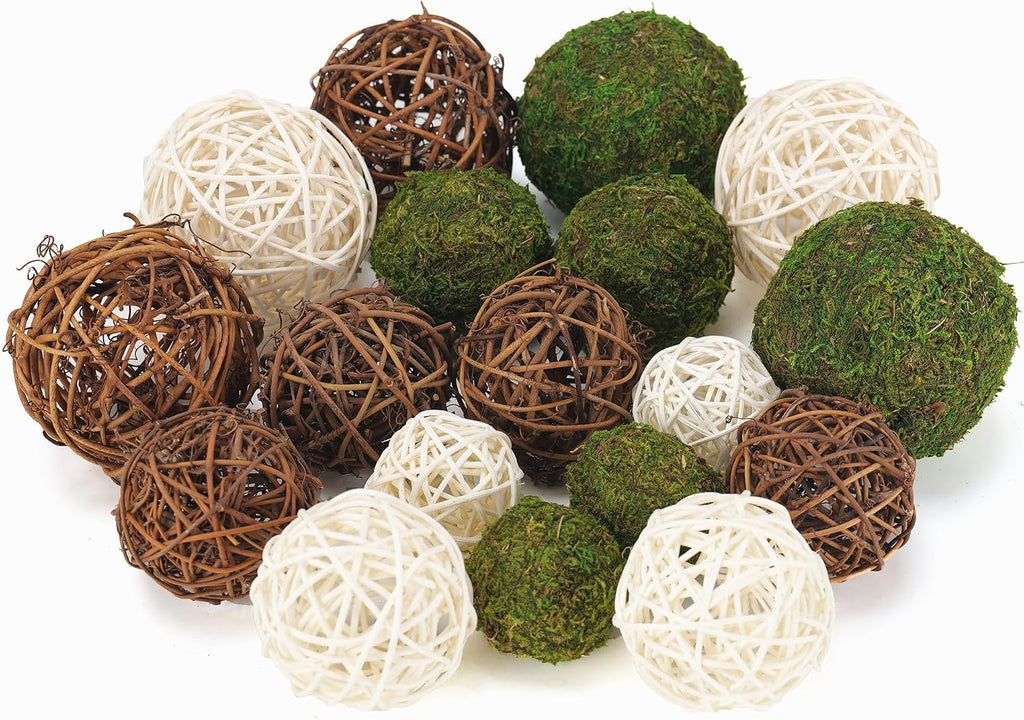 Decorative Balls for Centerpiece Bowl - Fake Moss Balls + Rattan Wicker Balls, Artificial Moss - Set of 18