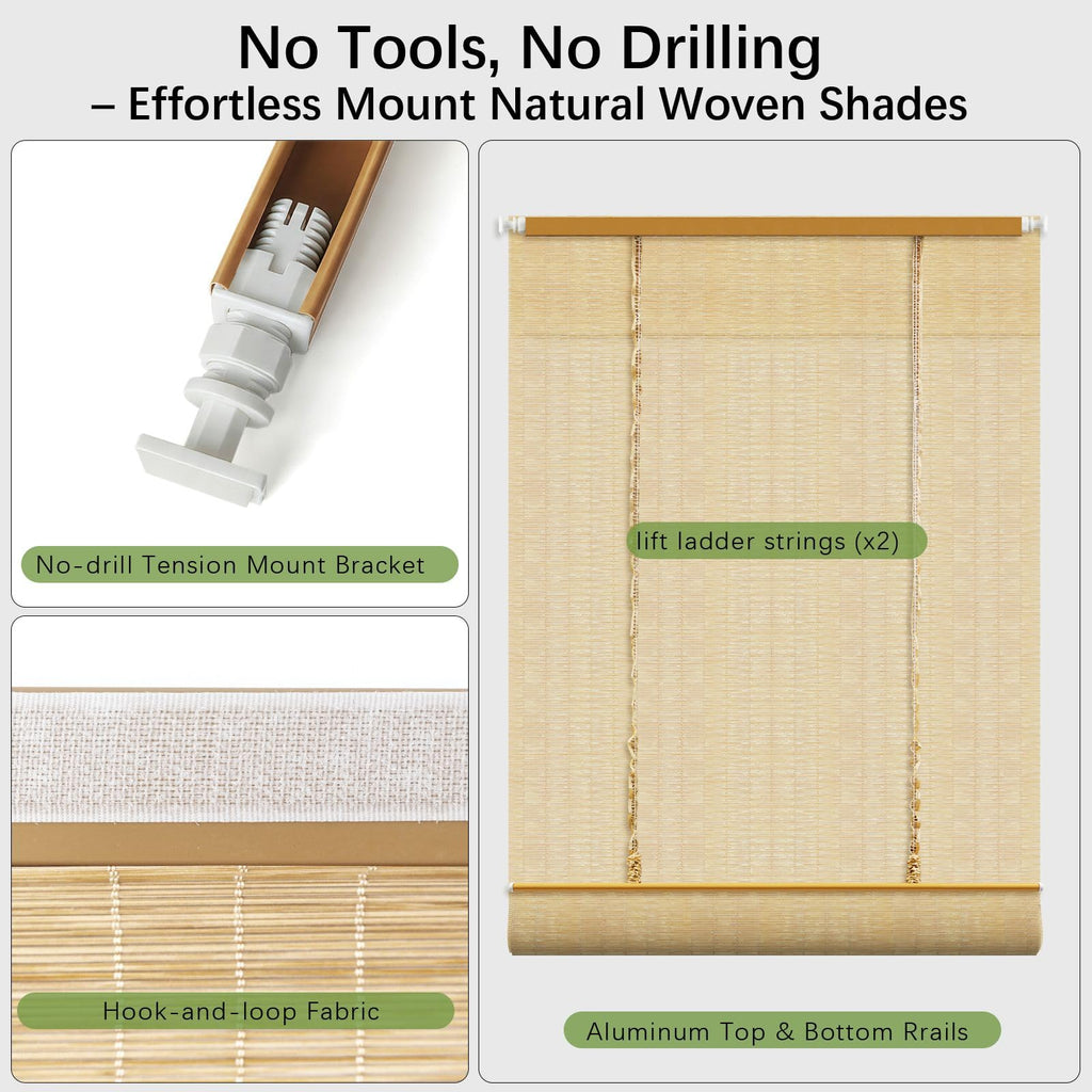No Drill Cordless Bamboo Roman Shades, Made to Size, 54" Long