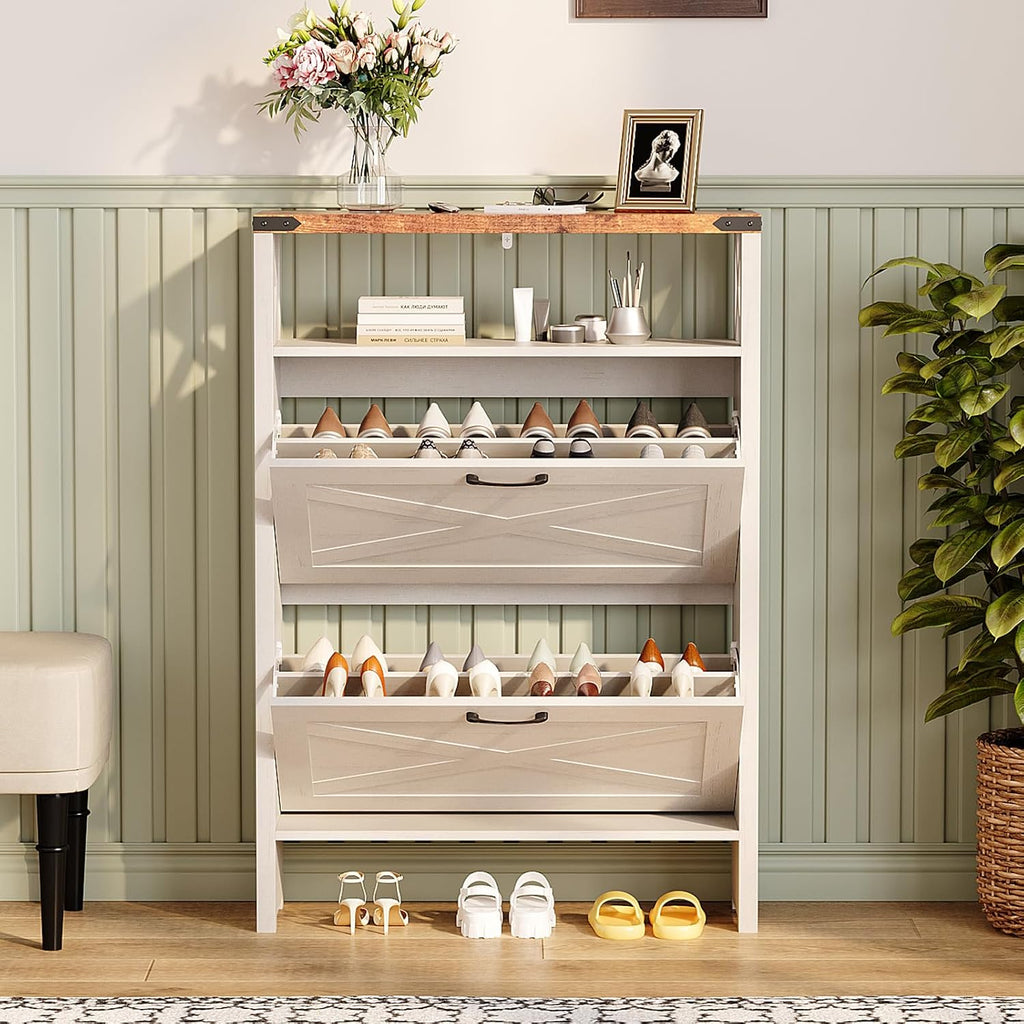 Farmhouse Shoe Cabinet with 2 Flip Drawers, Slim Entryway Shoe Storage Organizer with Open Shelf, Freestanding Wood