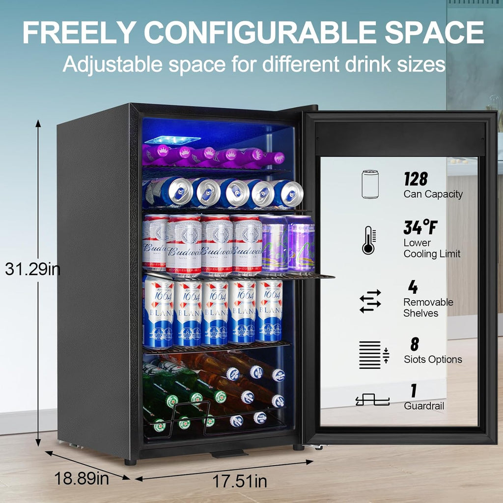 Beverage Refrigerator Cooler, 128 Cans 3.2 Cu.Ft Mini Fridge Glass Door for Drin