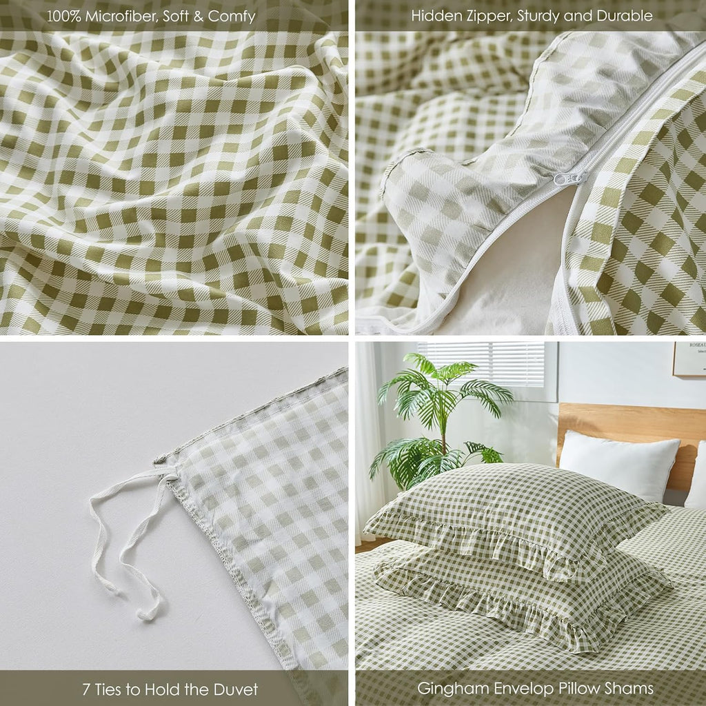 Gingham Duvet Cover Queen, 3 Pieces Soft Breathable Microfiber Plaid Duvet Cover with Zipper Closure & 2 Pillow