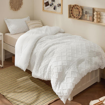 Twin XL Comforter Set - White Comforter, Boho Tufted Distressed Vintage Bedding for Kids, 2 Pieces Farmhouse-Style