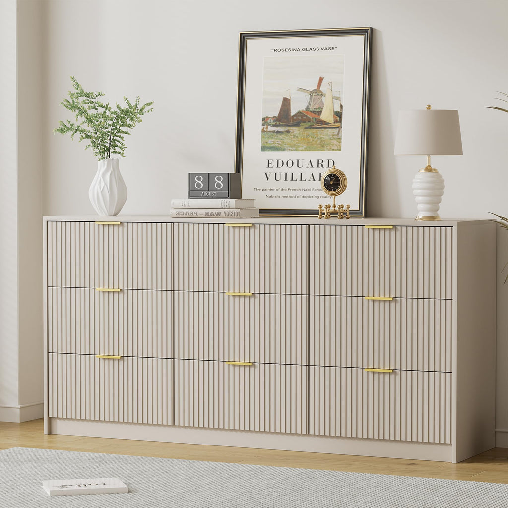 Beige 9 Drawer Dresser, 63" Wide Fluted Wood Dresser