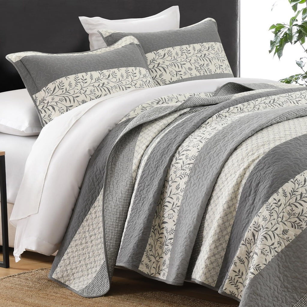 100% Cotton Quilt Set, Cottage Stripe Vine, Grey Cream