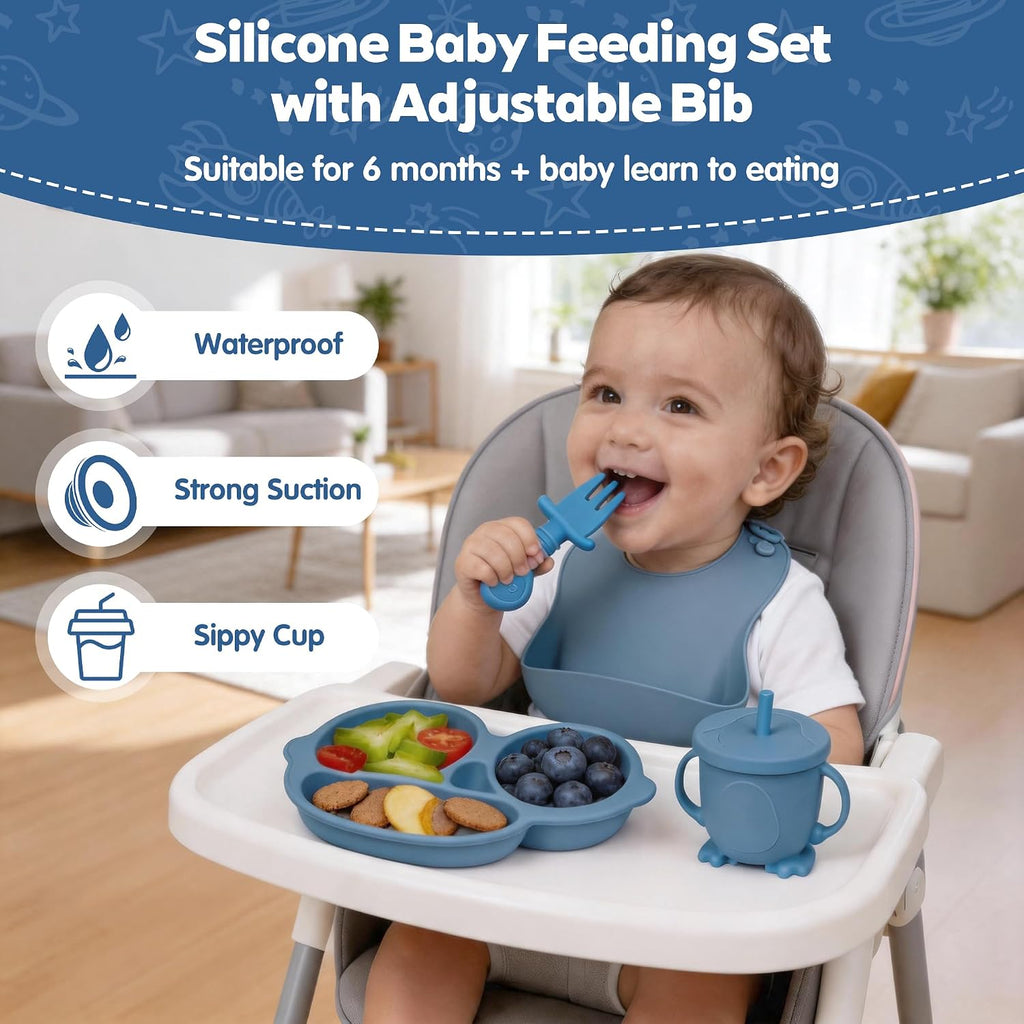 Feeding Set, Baby Led Weaning Supplies Kit With Suction Bowl & Car Plate, Bib, Spoon, Fork, Cup - Food-Grade