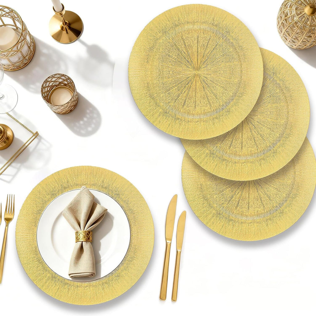 36-Pack 13" Gold Plastic Charger Plates - Heavy-Duty Smooth Rim, Disposable/Reusable, Spill-Proof Round Chargers - Set of 36