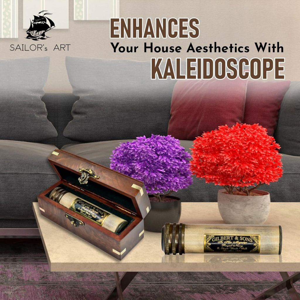 Handmade Kaleidoscope with Wooden Box, Educational Vintage Collection, Antique Birthday Gift Décor Solid Brass 5.5